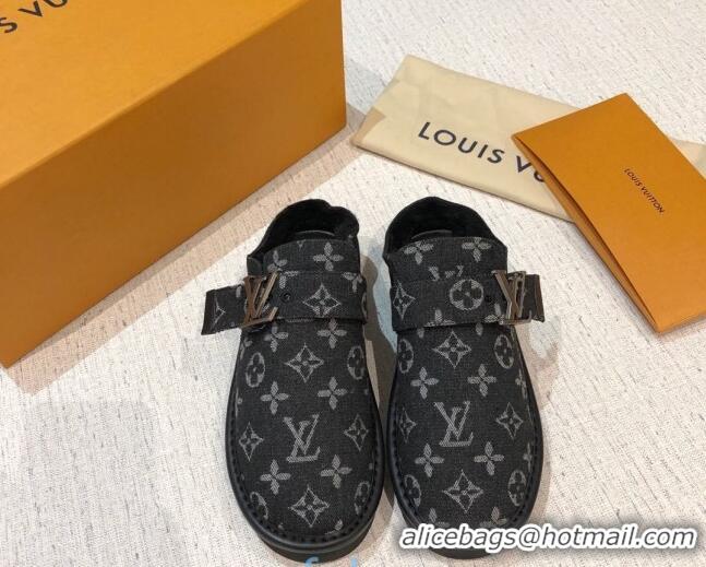 Chic Louis Vuitton LV Cosy Monogram Denim Mules Black 20930