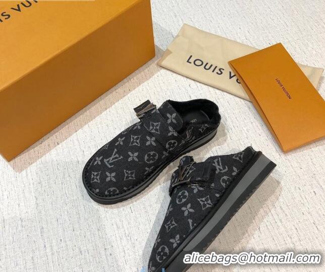 Chic Louis Vuitton LV Cosy Monogram Denim Mules Black 20930