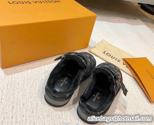 Chic Louis Vuitton LV Cosy Monogram Denim Mules Black 20930