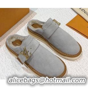 Good Looking  Louis Vuitton LV Cosy Suede Mules 20940 Grey