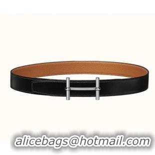 High Quality Hermes Original Leather H Buckle Belt 619022 Black/Silver