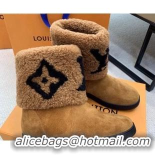 Stylish Louis Vuitton Calfskin Suede and Wool Flat Short Boots 92744 Brown