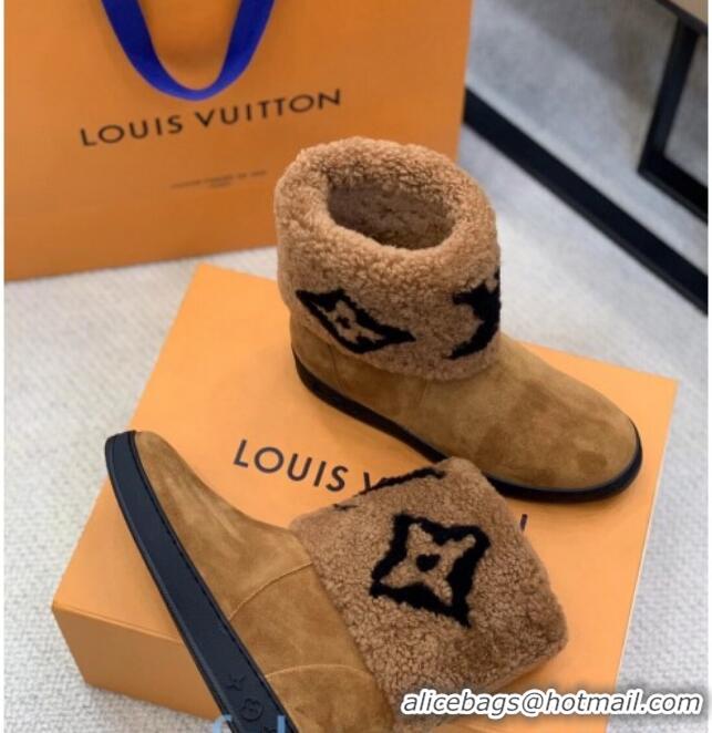 Stylish Louis Vuitton Calfskin Suede and Wool Flat Short Boots 92744 Brown