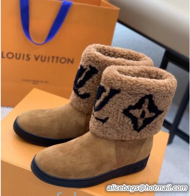 Stylish Louis Vuitton Calfskin Suede and Wool Flat Short Boots 92744 Brown