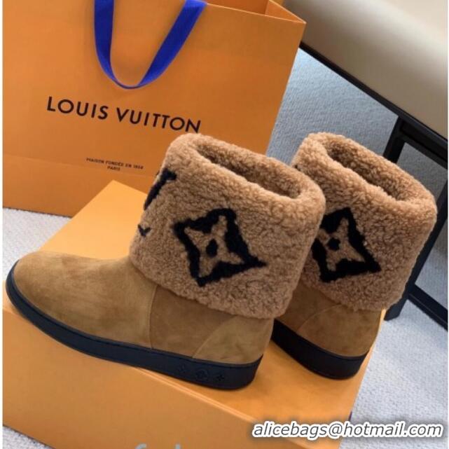 Stylish Louis Vuitton Calfskin Suede and Wool Flat Short Boots 92744 Brown