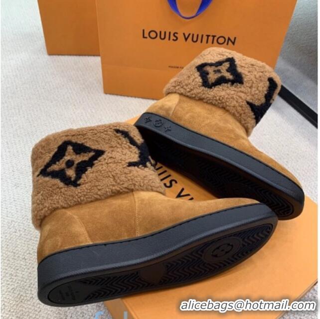 Stylish Louis Vuitton Calfskin Suede and Wool Flat Short Boots 92744 Brown