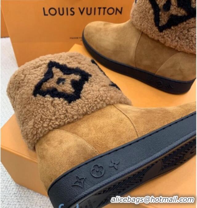 Stylish Louis Vuitton Calfskin Suede and Wool Flat Short Boots 92744 Brown