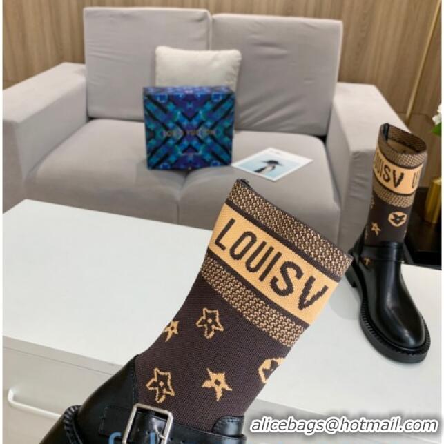 Stylish Louis Vuitton Monogram Knit Sock Short Boots with Buckle Strap 92748