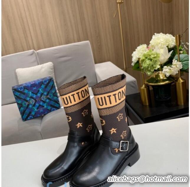 Stylish Louis Vuitton Monogram Knit Sock Short Boots with Buckle Strap 92748