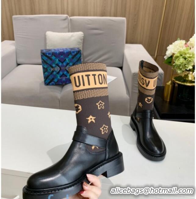 Stylish Louis Vuitton Monogram Knit Sock Short Boots with Buckle Strap 92748