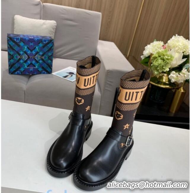 Stylish Louis Vuitton Monogram Knit Sock Short Boots with Buckle Strap 92748