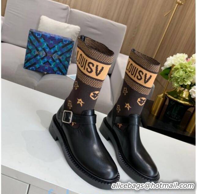 Stylish Louis Vuitton Monogram Knit Sock Short Boots with Buckle Strap 92748