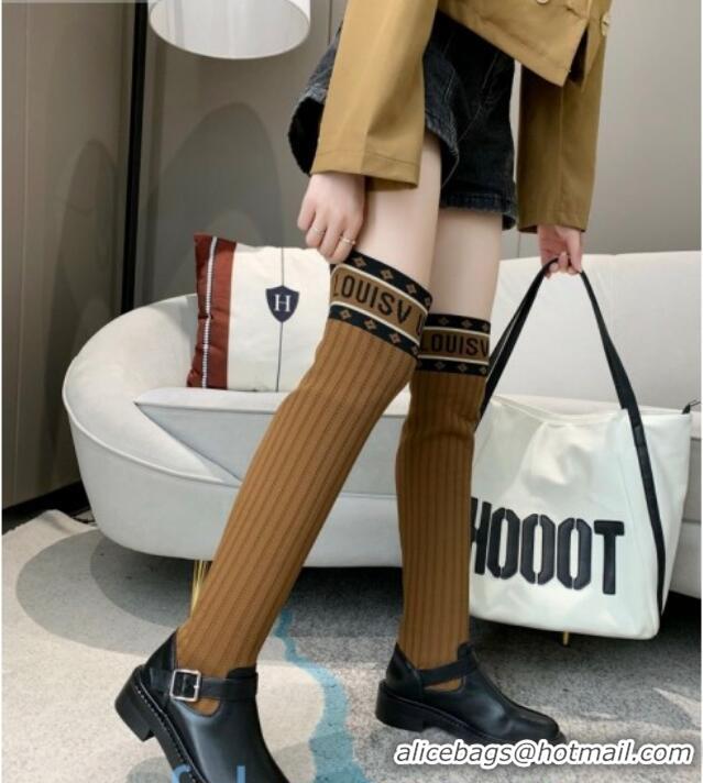 Unique Discount Louis Vuitton Monogram Knit Sock Over-Knee Boots with Buckle Strap 92751