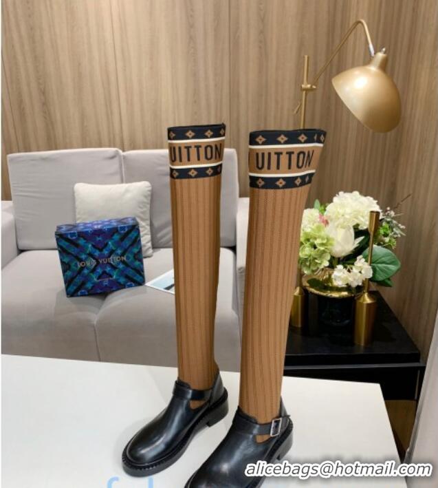 Unique Discount Louis Vuitton Monogram Knit Sock Over-Knee Boots with Buckle Strap 92751