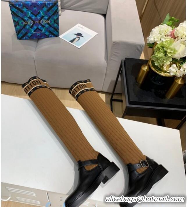 Unique Discount Louis Vuitton Monogram Knit Sock Over-Knee Boots with Buckle Strap 92751