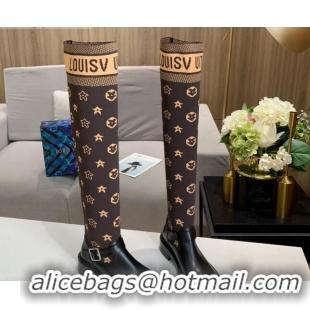 Best Grade Louis Vuitton Monogram Knit Sock Over-Knee Boots with Buckle Strap 92752