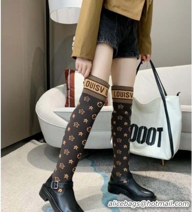 Best Grade Louis Vuitton Monogram Knit Sock Over-Knee Boots with Buckle Strap 92752