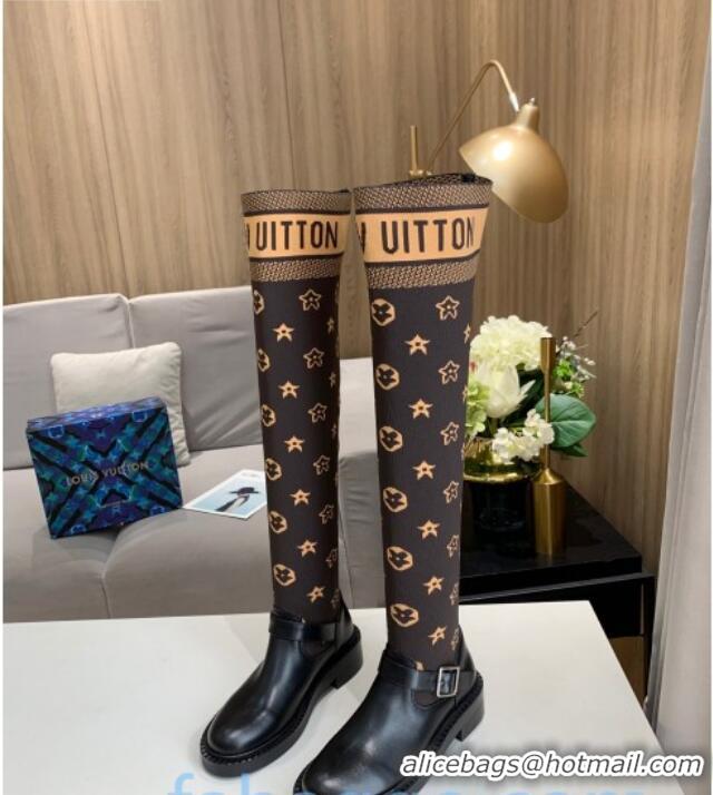 Best Grade Louis Vuitton Monogram Knit Sock Over-Knee Boots with Buckle Strap 92752