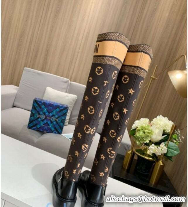 Best Grade Louis Vuitton Monogram Knit Sock Over-Knee Boots with Buckle Strap 92752