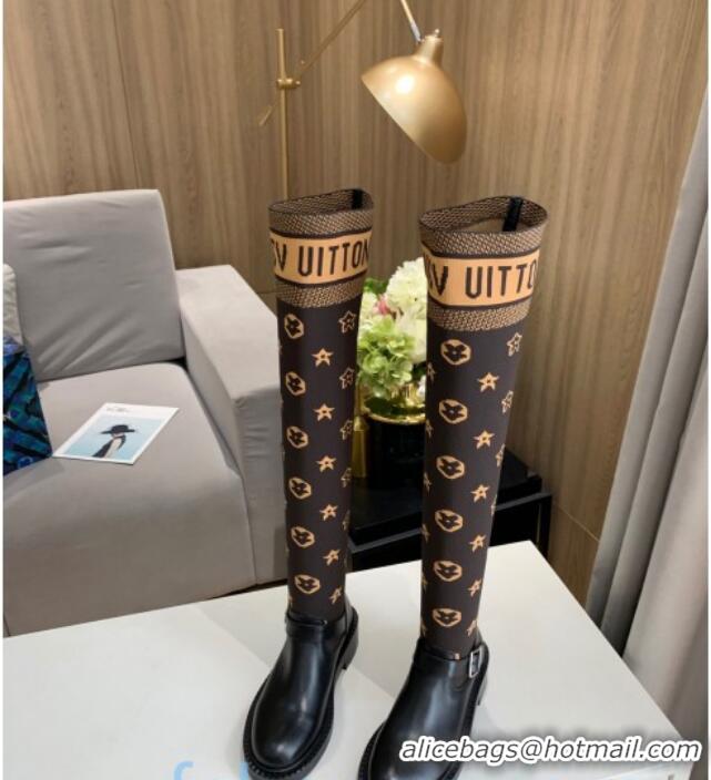 Best Grade Louis Vuitton Monogram Knit Sock Over-Knee Boots with Buckle Strap 92752