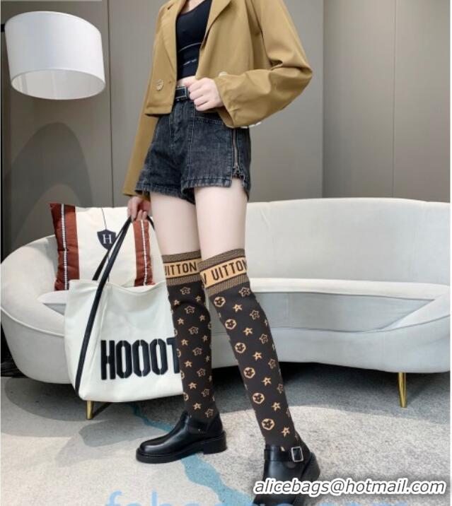 Best Grade Louis Vuitton Monogram Knit Sock Over-Knee Boots with Buckle Strap 92752