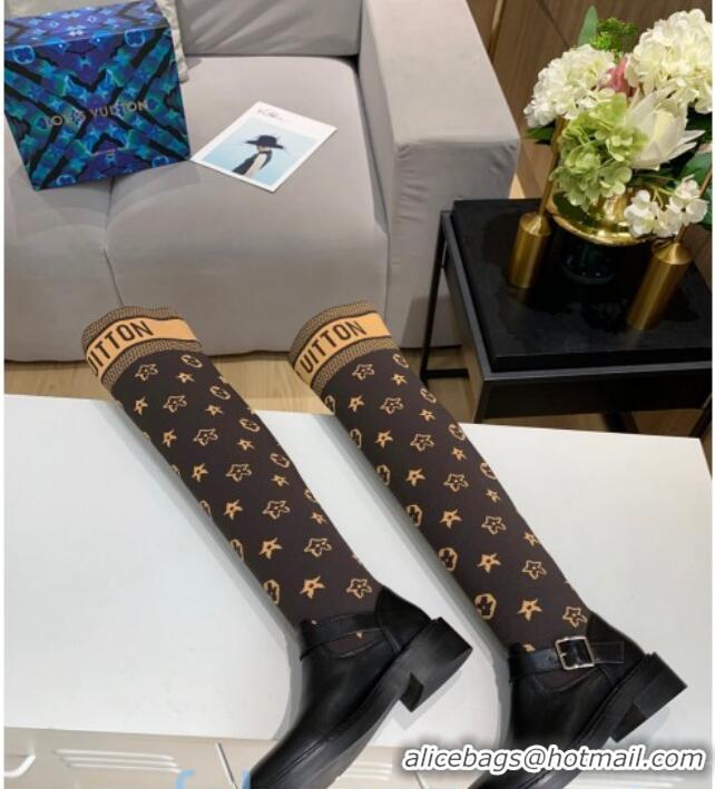 Best Grade Louis Vuitton Monogram Knit Sock Over-Knee Boots with Buckle Strap 92752