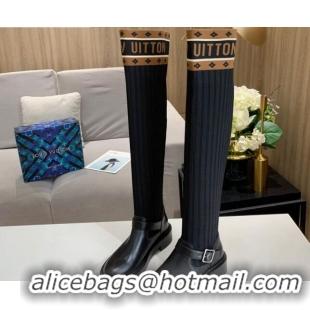 Stylish Louis Vuitton Monogram Knit Sock Over-Knee Boots with Buckle Strap 92753