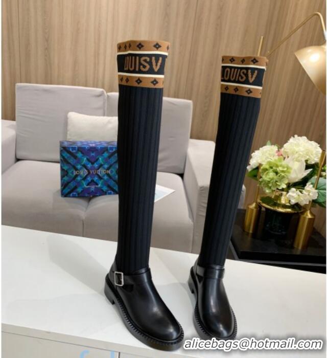 Stylish Louis Vuitton Monogram Knit Sock Over-Knee Boots with Buckle Strap 92753