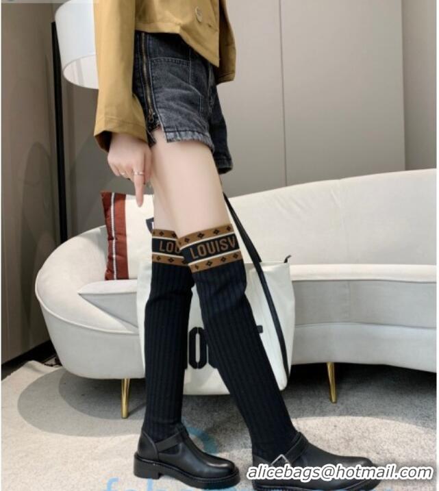 Stylish Louis Vuitton Monogram Knit Sock Over-Knee Boots with Buckle Strap 92753