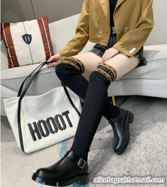 Stylish Louis Vuitton Monogram Knit Sock Over-Knee Boots with Buckle Strap 92753