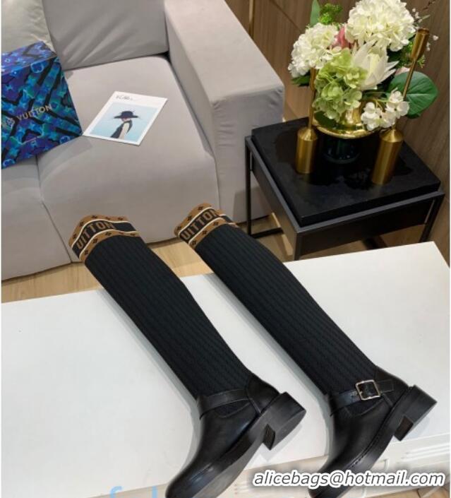 Stylish Louis Vuitton Monogram Knit Sock Over-Knee Boots with Buckle Strap 92753