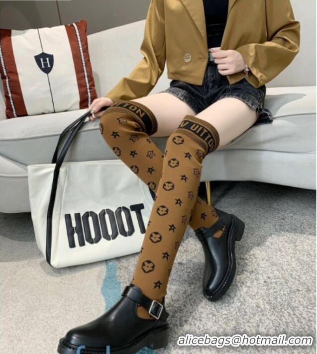 Popular Style Louis Vuitton Monogram Knit Sock Over-Knee Boots with Buckle Strap 92754