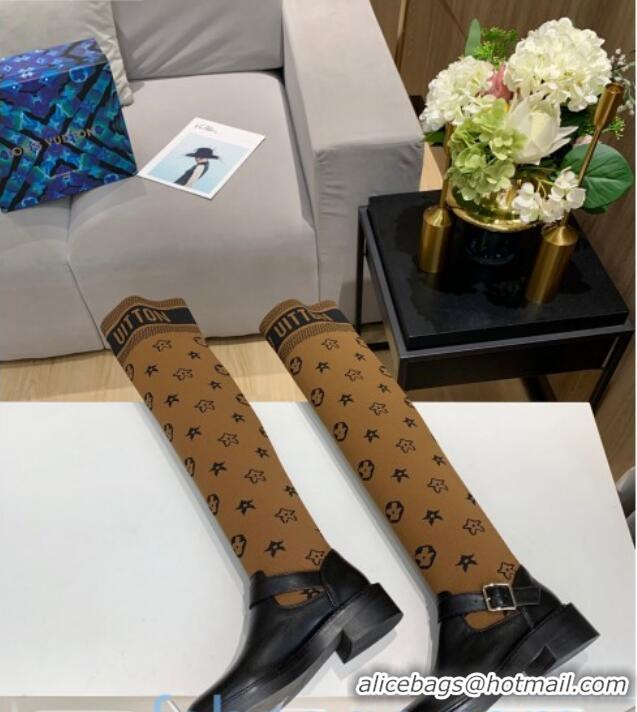 Popular Style Louis Vuitton Monogram Knit Sock Over-Knee Boots with Buckle Strap 92754