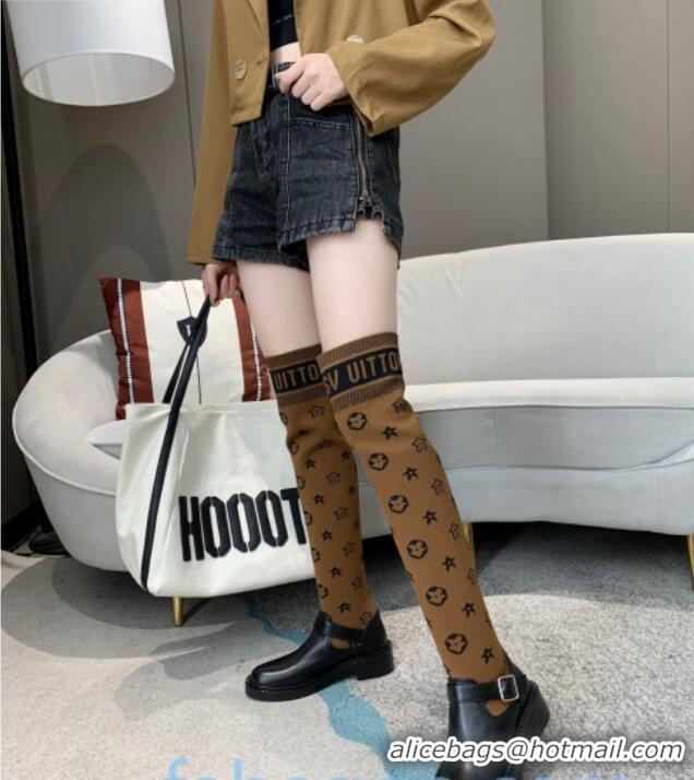 Popular Style Louis Vuitton Monogram Knit Sock Over-Knee Boots with Buckle Strap 92754