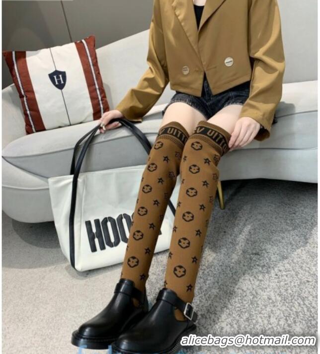 Popular Style Louis Vuitton Monogram Knit Sock Over-Knee Boots with Buckle Strap 92754