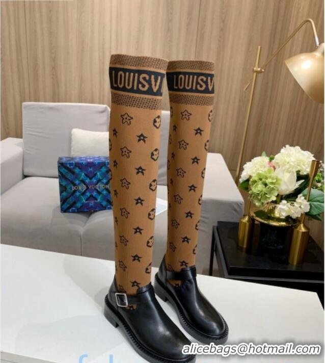 Popular Style Louis Vuitton Monogram Knit Sock Over-Knee Boots with Buckle Strap 92754