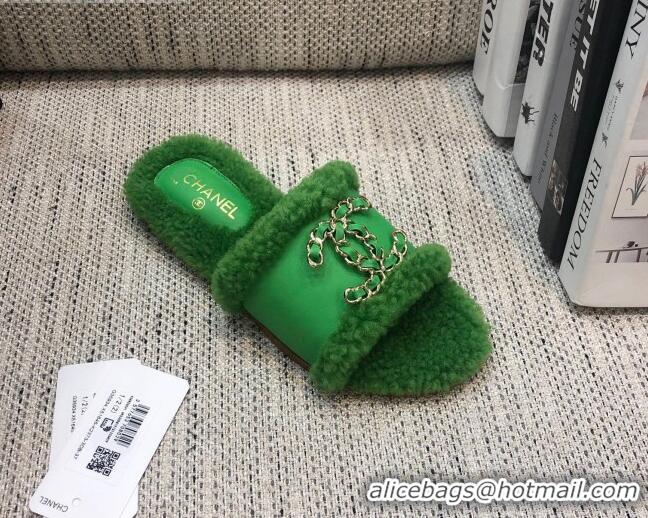 Elegant Chanel Wool Leather Chain CC Flat Slide Sandals 92201 Green