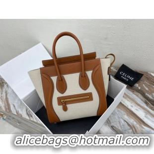 Good Quality CELINE MICRO LUGGAGE HANDBAG IN TEXTILE AND CALFSKIN 167793 TAN&WHITE