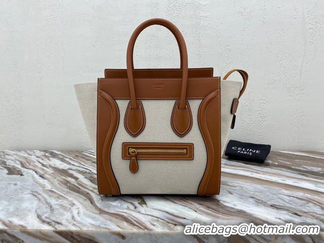 Good Quality CELINE MICRO LUGGAGE HANDBAG IN TEXTILE AND CALFSKIN 167793 TAN&WHITE