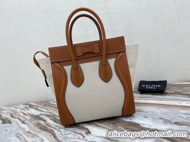 Good Quality CELINE MICRO LUGGAGE HANDBAG IN TEXTILE AND CALFSKIN 167793 TAN&WHITE