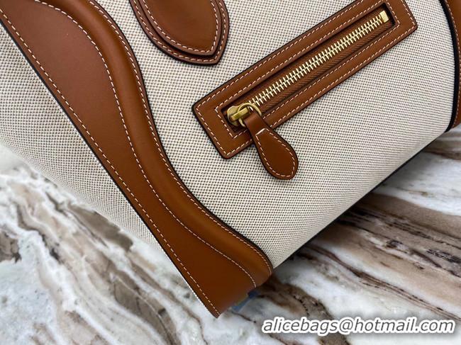 Good Quality CELINE MICRO LUGGAGE HANDBAG IN TEXTILE AND CALFSKIN 167793 TAN&WHITE