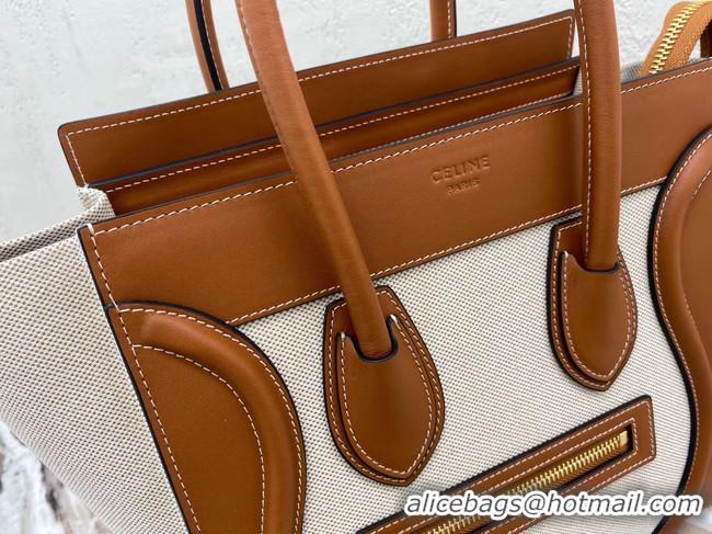 Good Quality CELINE MICRO LUGGAGE HANDBAG IN TEXTILE AND CALFSKIN 167793 TAN&WHITE