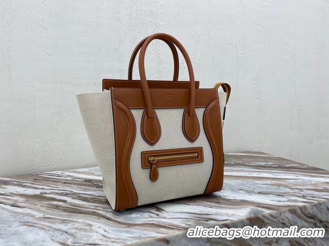 Good Quality CELINE MICRO LUGGAGE HANDBAG IN TEXTILE AND CALFSKIN 167793 TAN&WHITE