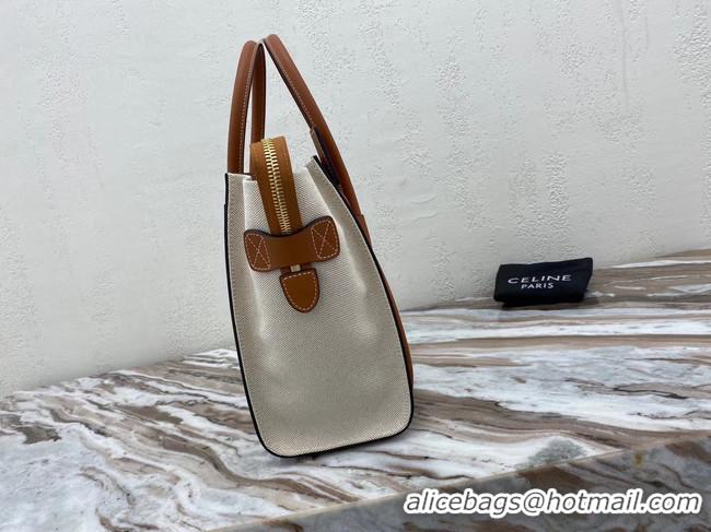 Good Quality CELINE MICRO LUGGAGE HANDBAG IN TEXTILE AND CALFSKIN 167793 TAN&WHITE