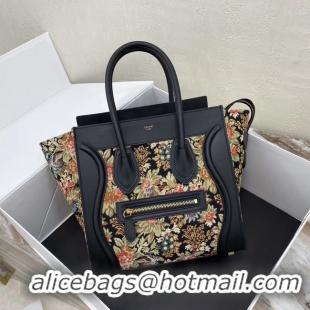 Good Product CELINE MICRO LUGGAGE BAG IN FLORAL JACQUARD AND CALFSKIN 167793 BLACK