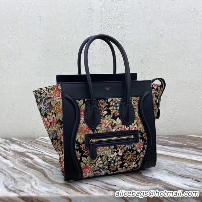 Good Product CELINE MICRO LUGGAGE BAG IN FLORAL JACQUARD AND CALFSKIN 167793 BLACK