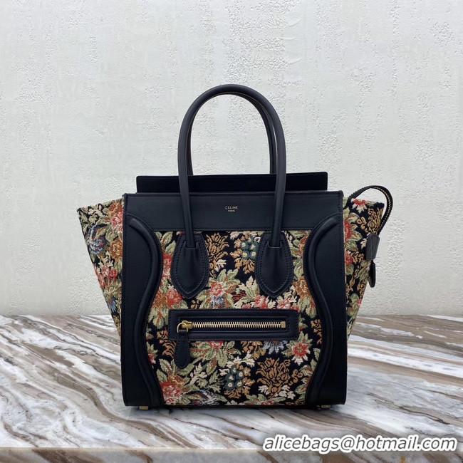 Good Product CELINE MICRO LUGGAGE BAG IN FLORAL JACQUARD AND CALFSKIN 167793 BLACK