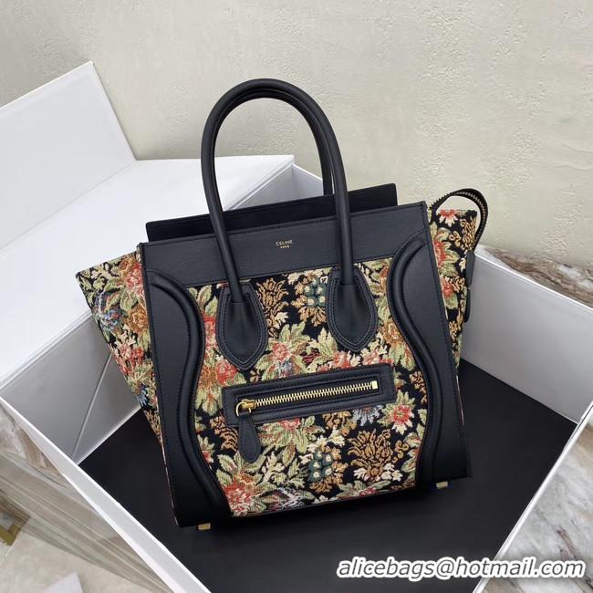 Good Product CELINE MICRO LUGGAGE BAG IN FLORAL JACQUARD AND CALFSKIN 167793 BLACK