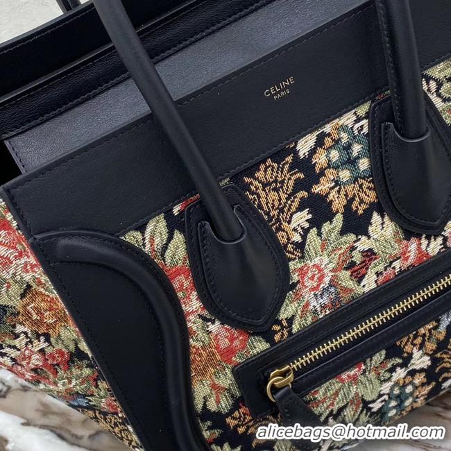 Good Product CELINE MICRO LUGGAGE BAG IN FLORAL JACQUARD AND CALFSKIN 167793 BLACK