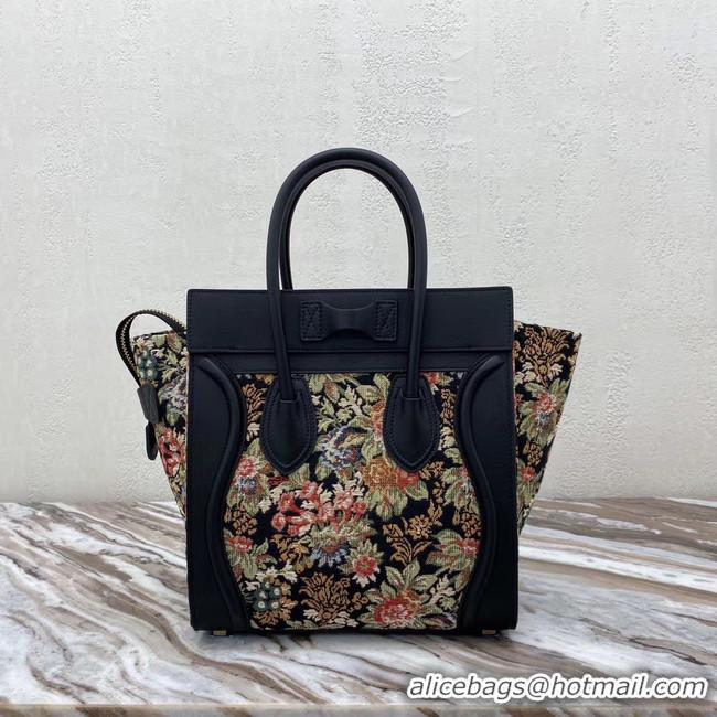 Good Product CELINE MICRO LUGGAGE BAG IN FLORAL JACQUARD AND CALFSKIN 167793 BLACK